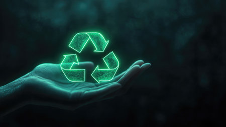 Close-up of a glowing green eco recycling symbol with a human hand underneath, emphasizing the importance of recycling for a cleaner environment. Ample space for messaging.の素材