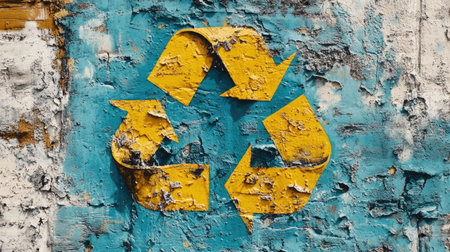 Close-up of a painted recycle symbol on a textured urban wall, highlighting creativity in promoting sustainability and eco-awareness in everyday life. Copy space included.の素材