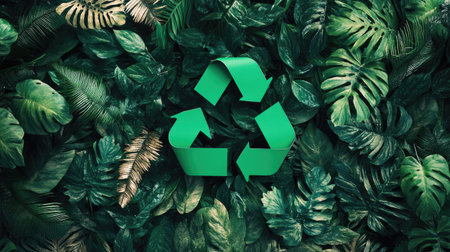 Close-up of a vibrant green recycling sign surrounded by lush leaves, with ample copy space to highlight the importance of sustainability and environmental responsibility.の素材