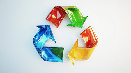 Close-up of a vibrant recycle symbol against a clean white backdrop, highlighting the urgency of recycling and sustainability, perfect for promotional contentの素材