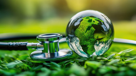 Close-up of a stethoscope on a vibrant green globe, emphasizing the importance of saving the environment and promoting sustainability for Earth Day. Room for messaging.の素材