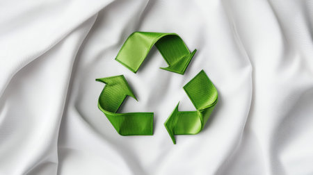Close-up of a bright green recycle symbol centered on a pristine white backdrop, perfect for showcasing eco-friendly initiatives, with generous space for captions or branding.の素材