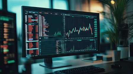 Close-up of a computer screen showing volume analysis and technical indicators for professional trading decisions, surrounded by trading tools. Copy space available.の素材