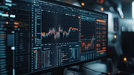 Close-up of a computer screen showing volume analysis and technical indicators for professional trading decisions, surrounded by trading tools. Copy space available.の素材