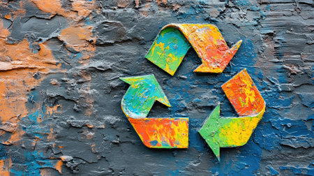 Close-up of a painted recycle symbol on a textured urban wall, highlighting creativity in promoting sustainability and eco-awareness in everyday life. Copy space included.の素材