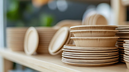 Close-up of eco-friendly paper plates and biodegradable containers stacked neatly, showcasing their texture and design for a greener future. Space for branding or messaging.の素材