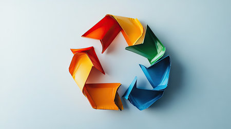 Close-up of a vibrant recycle symbol against a clean white backdrop, emphasizing the simplicity and urgency of adopting sustainable practices. Ample room for messaging.の素材