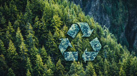 Close-up of the recycle symbol set against a panoramic view of a mountainside blanketed in green pine trees, promoting the message of recycling for a healthier planet.の素材