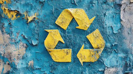 Close-up of a painted recycle symbol on a textured urban wall, highlighting creativity in promoting sustainability and eco-awareness in everyday life. Copy space included.の素材
