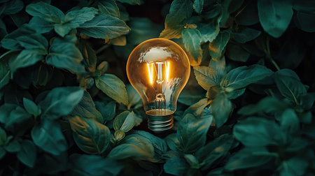 Close-up of a light bulb surrounded by plants, representing clean energy solutions and the commitment to environmental protection for businesses. Ample room for messaging.の素材