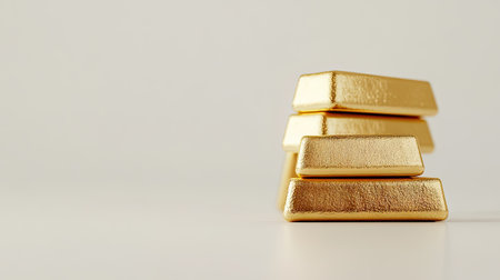 Close-up of stacked gold bars on a white background, highlighting the increasing cost of gold in the market. Minimalist design with room for text.の素材