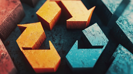 Close-up view of the three arrows in the recycle symbol, showcasing their interconnectedness, symbolizing the cycle of reuse and environmental responsibilityの素材