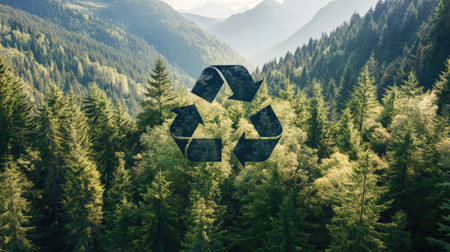 Close-up of the recycle symbol set against a panoramic view of a mountainside blanketed in green pine trees, promoting the message of recycling for a healthier planet.の素材