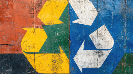 Close-up of the iconic three arrows of the recycle symbol, prominently displayed to promote recycling and environmental awareness, with generous space for branding or slogans.の素材