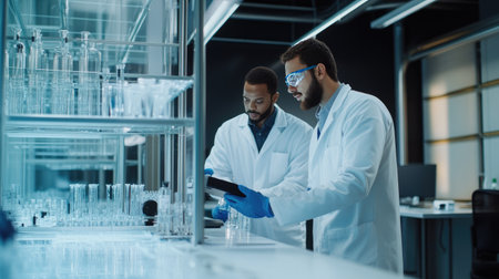 Engineers evaluating hydrogen energy systems in a modern lab, representing innovation in zero-emission technology and clean energy production. Ample space for copy.の素材