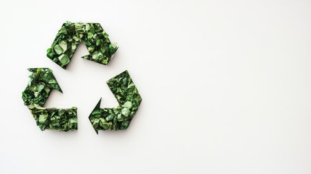 Flat lay of the recycle symbol against a clean white background, designed to highlight the importance of recycling, with plenty of copy space for your environmental message.の素材