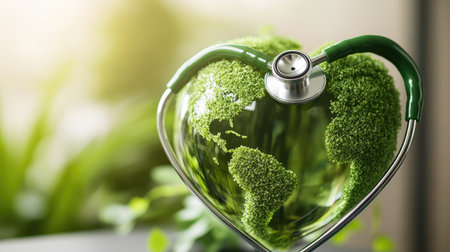 Green globe with a stethoscope forming a heart shape, symbolizing the connection between healthcare and the environment for Earth Day. Ideal for sustainability messagesの素材