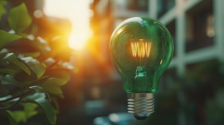 Green light bulb in an urban setting, symbolizing the transition to clean energy and the commitment of businesses to environmental protection and renewable initiatives.の素材
