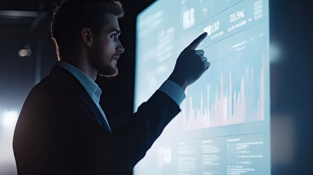 Financial advisor presenting investment strategies to increase company profits, pointing to rising sales data on a projection screen. Blank space for text.の素材