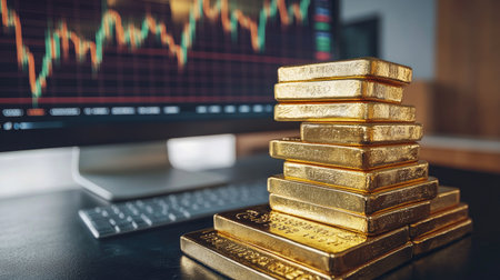 Gold bars stacked on a desk next to a computer displaying charts for trading in the precious metals market. Investment strategy concept with copy space. -の素材