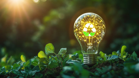 Light bulb illuminated with eco-friendly symbols, showcasing the intersection of renewable energy and business goals for a sustainable future. Ample space for messaging.の素材