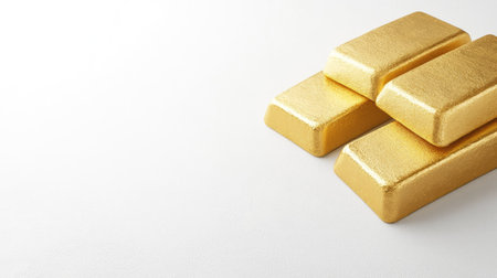 Gold bars neatly placed on a white backdrop, illustrating rising gold prices and the growing cost of precious metals. Simple design with copy space.の素材