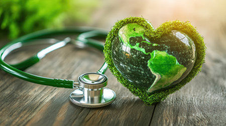 Green globe with a stethoscope forming a heart shape, symbolizing the connection between healthcare and the environment for Earth Day. Ideal for sustainability messagesの素材