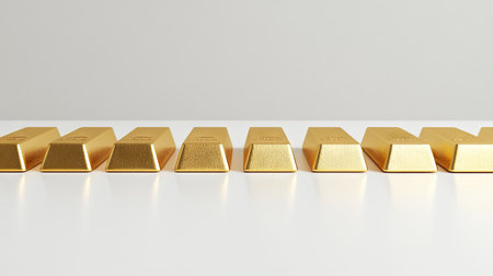 Gold bars arranged in ascending order on a white surface, symbolizing the continuous rise in gold prices. Simple background with ample copy space.の素材