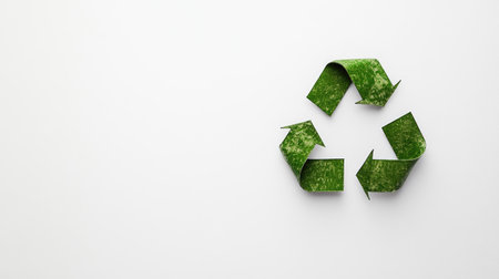 Minimalist design featuring the iconic green recycle symbol on a white background, with generous copy space to convey messages about eco-friendliness and responsible waste management.の素材