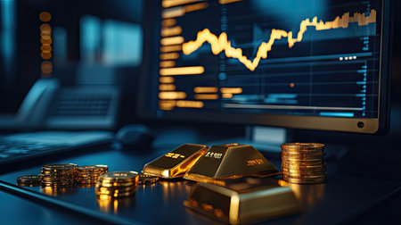 Precious metals market analysis on a computer monitor with gold bars and coins placed beside it, symbolizing gold investment and trading. Space for business message.の素材