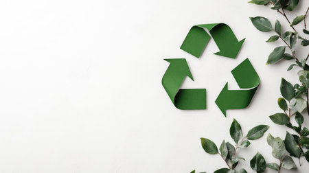 Minimalist design featuring the iconic green recycle symbol on a white background, with generous copy space to convey messages about eco-friendliness and responsible waste management.の素材