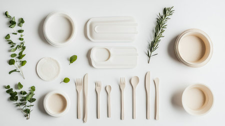 Minimalist setup of biodegradable tableware arranged elegantly on a white background, emphasizing their eco-friendly nature and stylish design for modern dining.の素材