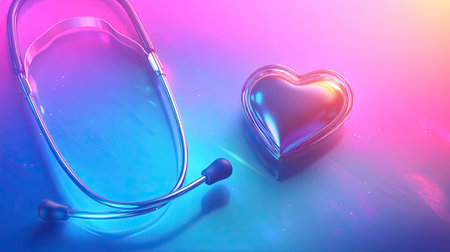 Stethoscope and heart-shaped symbol on a vibrant background, designed for a World Health Day banner to promote healthcare awareness. Space for a message or slogan.の素材