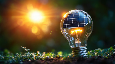 Light bulb with a solar panel design, representing renewable energy and its integration into business strategies focused on sustainabilityの素材