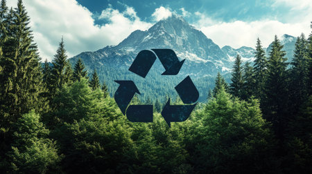 Scenic landscape featuring a large recycle symbol against a backdrop of lush green pine trees and majestic mountains, highlighting the importance of sustainability and eco-friendly practices.の素材