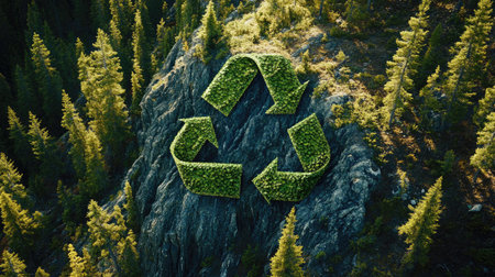 The recycle symbol against a breathtaking backdrop of vibrant green pine trees on a mountainous slope, showcasing the beauty of nature and the importance of conservation.の素材