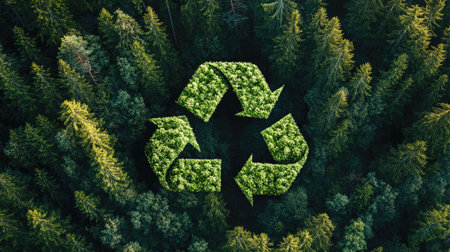 The iconic recycle symbol combined with a serene view of green pine trees cascading down a mountainside, emphasizing the need for sustainable practices in harmony with nature.の素材