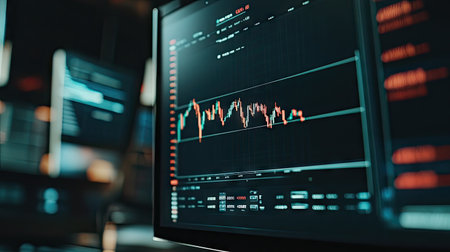 Volume analysis graphs and indicators on a computer monitor, used in professional technical analysis for financial trading.の素材