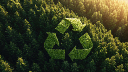 The iconic recycle symbol combined with a serene view of green pine trees cascading down a mountainside, emphasizing the need for sustainable practices in harmony with nature.の素材
