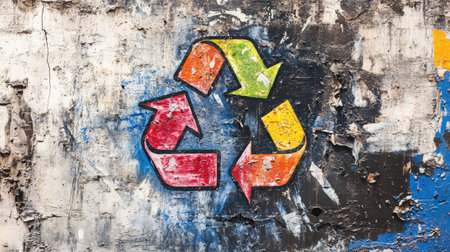 Vibrant recycle symbol painted on a weathered urban wall, highlighting the importance of eco-awareness and environmental protection in city life. Space for text.の素材