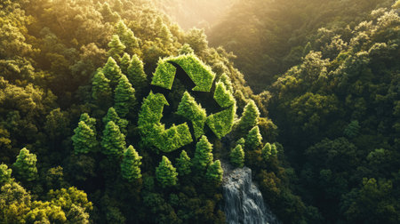 The iconic recycle symbol combined with a serene view of green pine trees cascading down a mountainside, emphasizing the need for sustainable practices in harmony with nature.の素材