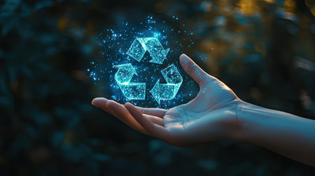 Visual of a human hand interacting with a holographic eco recycling sign, symbolizing the role of individuals in promoting clean landの素材