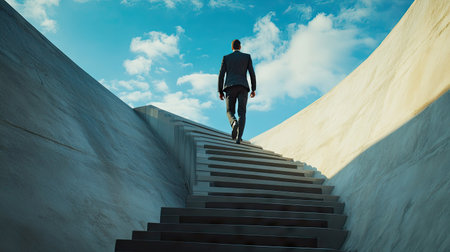 A businessman confidently climbing stairs designed like a rising graph, symbolizing career growth.の素材