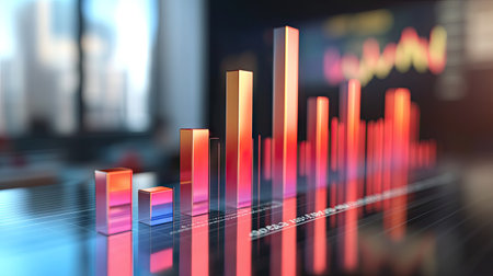 A D-rendered business bar chart showing positive trends in sales and profits over time.の素材