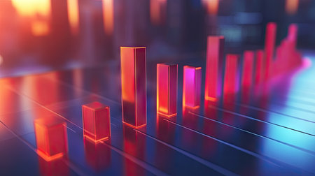 A D-rendered business bar chart showing positive trends in sales and profits over time.の素材