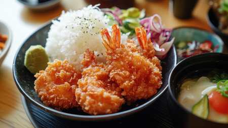 A close-up of Thai-style crispy fried shrimp with dipping sauce, served with rice and vegetables.の素材