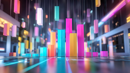 A D-rendered colorful business bar chart floating above a high-tech workspace.の素材