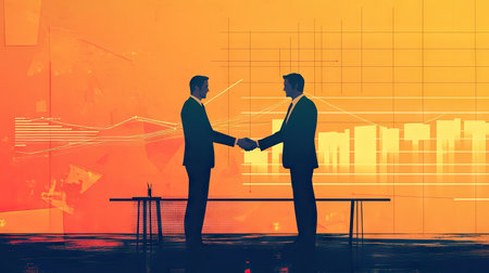 A businessman shaking hands with a client over a table with a business line graph.の素材