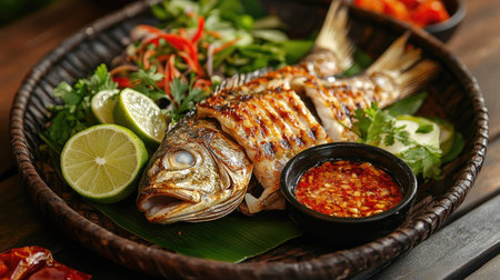 A beautiful platter of Thai-style grilled fish served with a side of fresh dipping sauces and lime wedges.の素材
