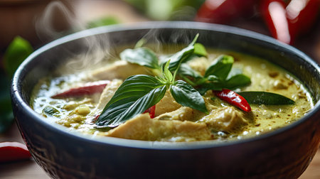 A close-up shot of a steaming bowl of spicy Thai green curry with fresh herbs and chilies.の素材
